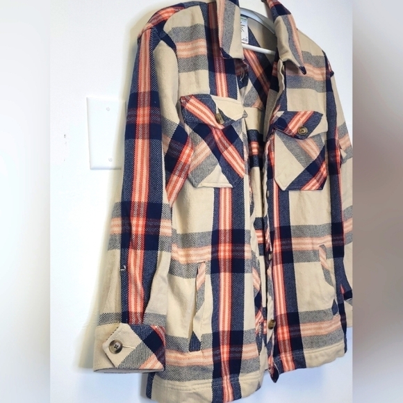 AERIE OFFLINE Flannel Button Down Jacket Shacket In Soft Oat Navy Orange Size XS - Picture 5 of 16